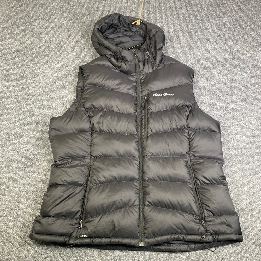 Eddie Bauer First Ascent EB800 Down Puffer Vest Womens Black Hooded Quilted